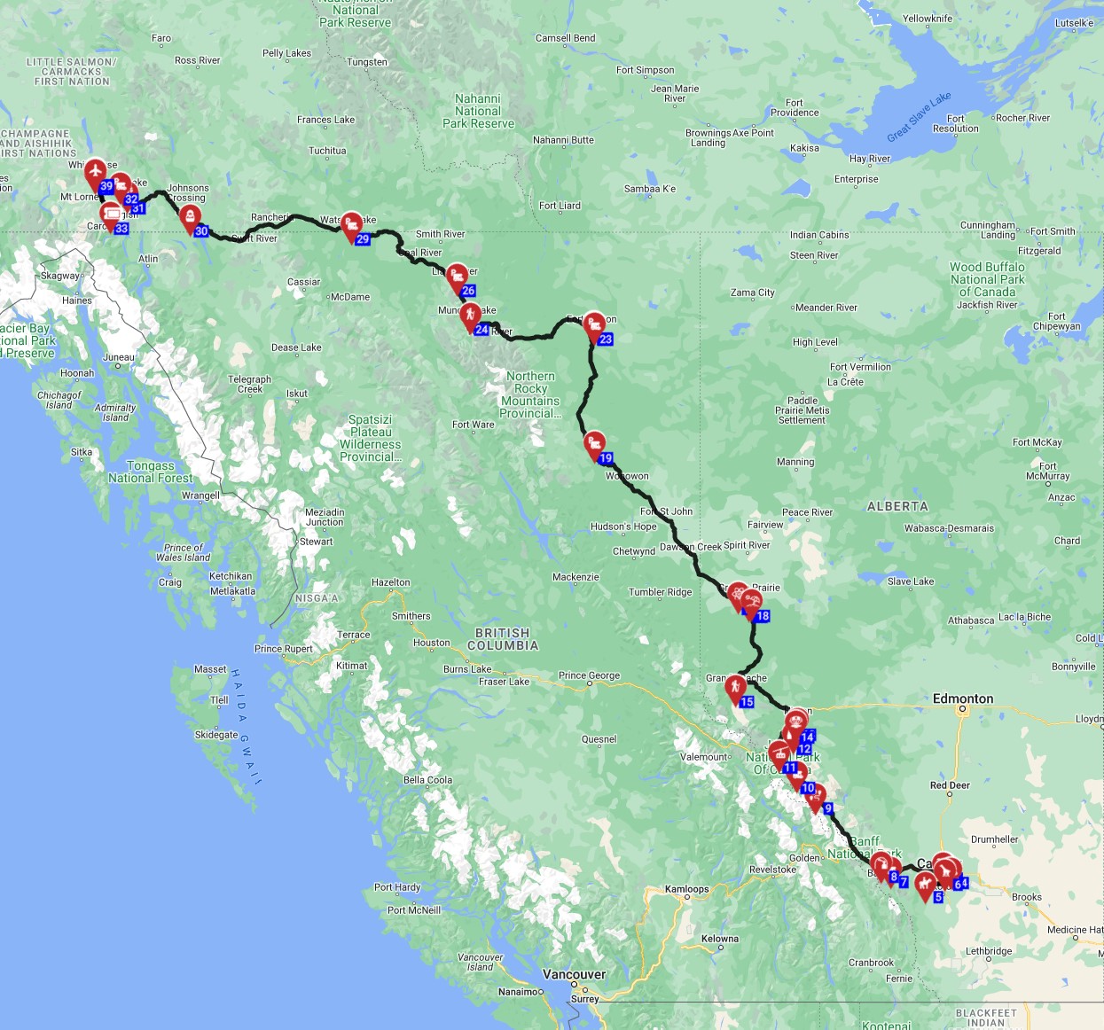Canada RV trip route planner from Calgary to Whitehorse motorhome
